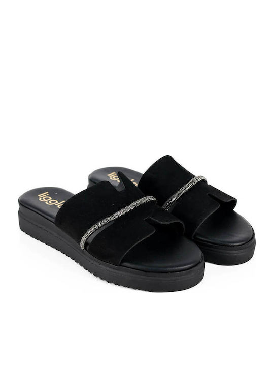 Schwarze Flatform Damen Sandalen mit Strass-Detail