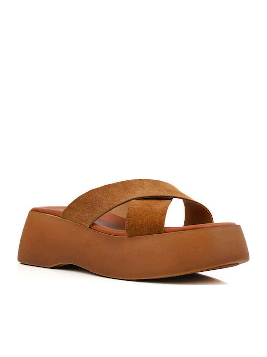 Tabac Brown Leather Flatform Sandals Crossover Straps