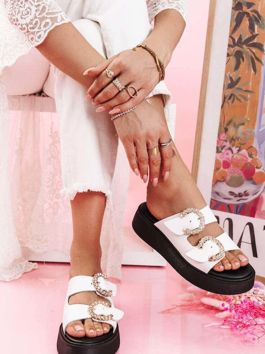 Weiß Flatforms Doppelte Verstellbare Riemen Strass