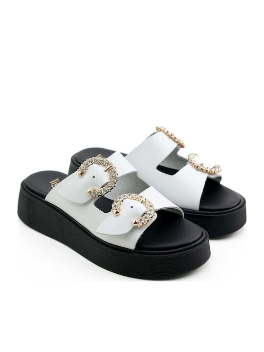 Weiß Flatforms Doppelte Verstellbare Riemen Strass
