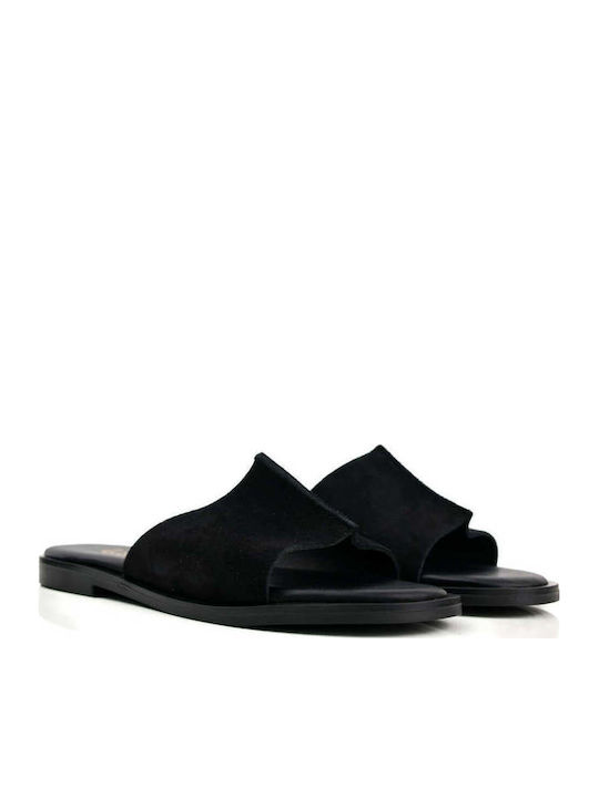 Black Leather Wide Slip-On Sandals With Single Strap