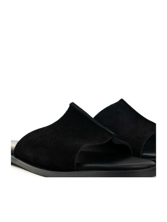 Black Leather Wide Slip-On Sandals With Single Strap