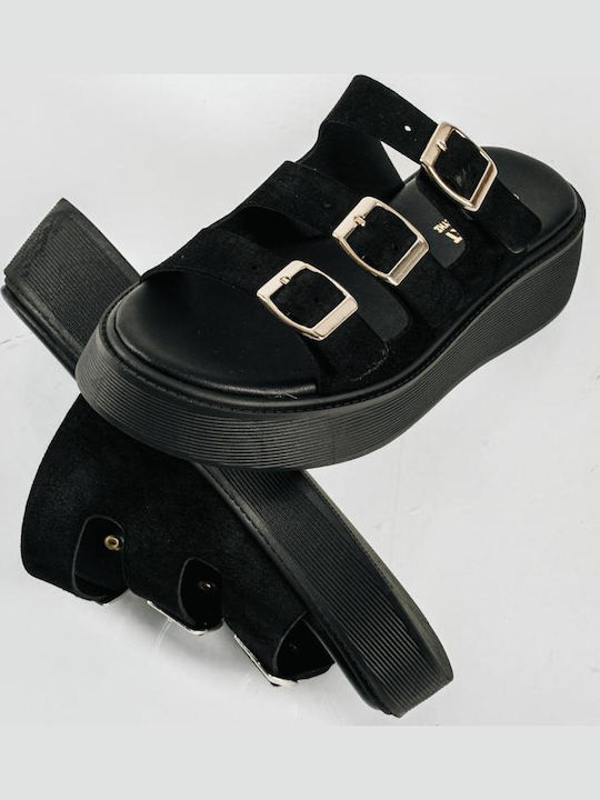 Leather Women's Flat Sandals Flatforms in Black Color