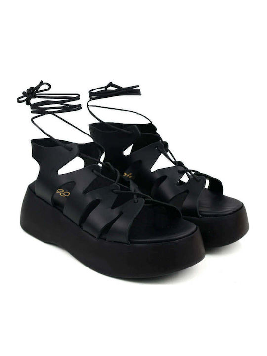 Μαύρα Lace Up Flatforms Δέσιμο Αστραγάλου