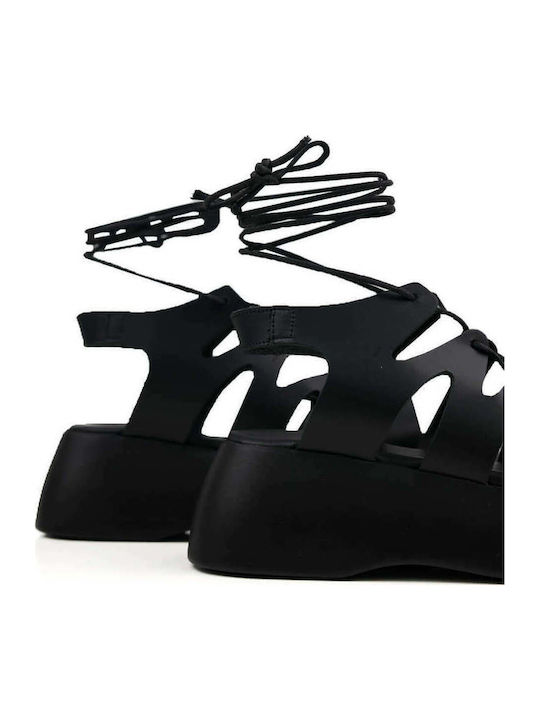 Μαύρα Lace Up Flatforms Δέσιμο Αστραγάλου