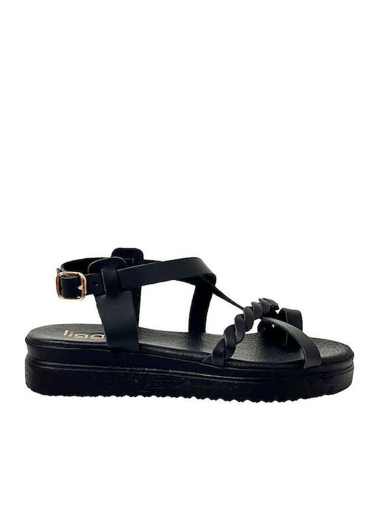 Black Leather Flatforms Woven Front Strap