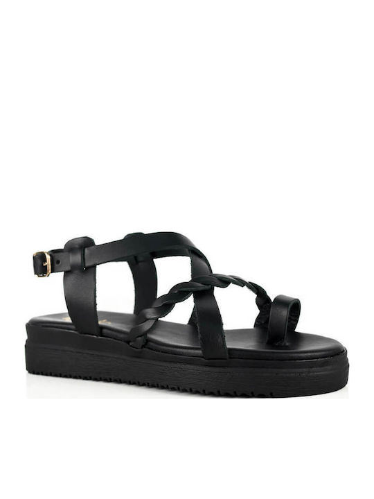 Black Leather Flatforms Woven Front Strap