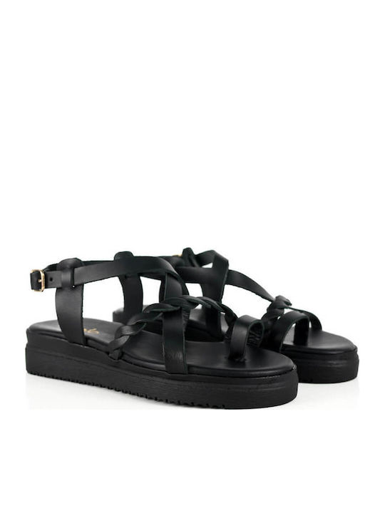 Black Leather Flatforms Woven Front Strap