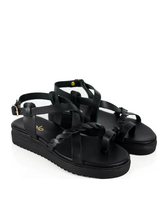 Black Leather Flatforms Woven Front Strap
