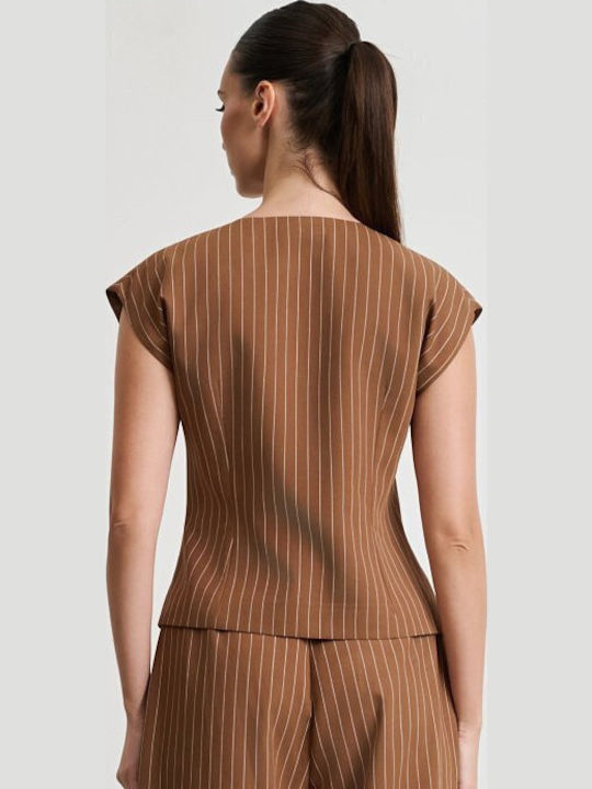 Femei Brown Set cu Talie înaltă Pantaloni cu Croială Dreaptă Cu dungi