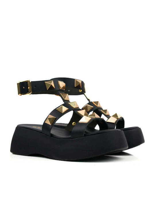 Platforme Dama Negre Flatforms Cu Elemente Metalice Aurii