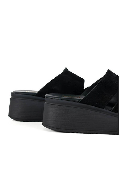 Schwarze Leder Castañer Damenplattformen Breite Riemen