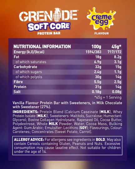 Grenade Soft Core Μπάρες Πρωτεΐνης με Γεύση Creme Egg 18x45gr