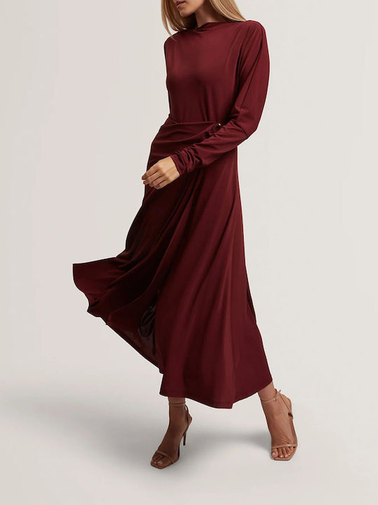 Midi Dress Long Sleeve Knitted Wrap Burgundy
