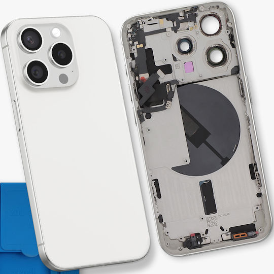 Clappio Akkuabdeckung iPhone 15 Pro Vorgefertigtes Gehäuse Magsafe Modul Weiß