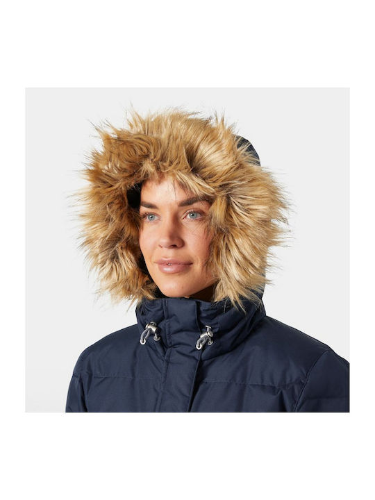 Aden Lang Damen Puffer Jacke mit pelziger Kapuze für Winter Marineblau
