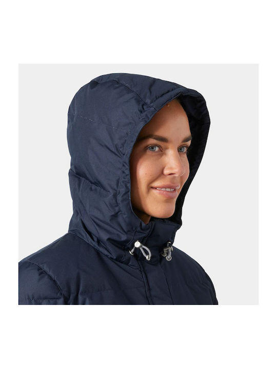 Aden Lang Damen Puffer Jacke mit pelziger Kapuze für Winter Marineblau