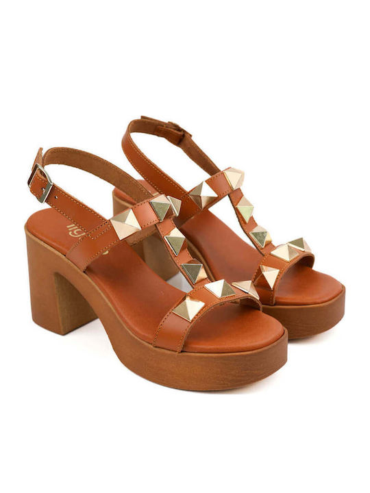 Damen Sandalen Tabac Braun Made In Greece Mit Metallischen Pyramiden