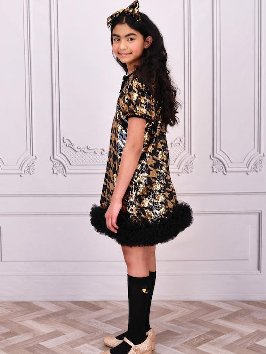 Shalini Houndstooth Girls Dress Short Sleeve with Black/Gold Sequins