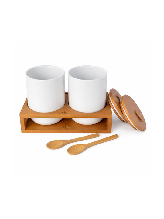 Set of 2 Coffee and Sugar Jars with Lid and Stand Made of Brown Porcelain 10.5x14.5cm 2 Pieces