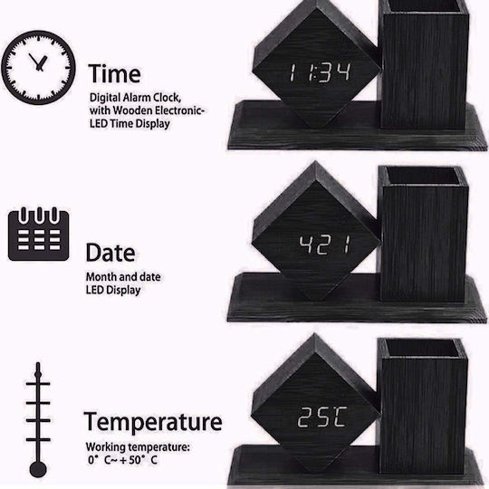 Uncle George Tabletop Digital Clock LED Wooden with Alarm Clock Black 01.06.04-0010-BLK