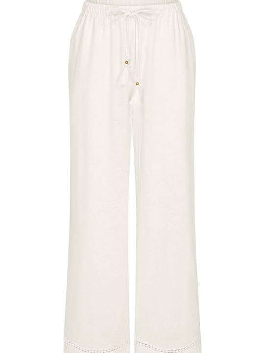 Damen Leinen Hose in Lockere Passform Cream