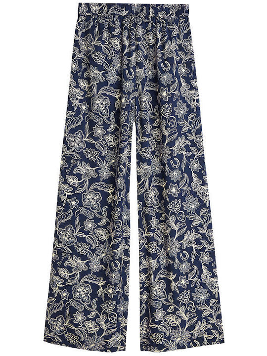 Damen Satin-Hose Ausgestellt mit Gummiband Blumen Blau