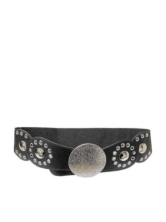 Wide Elastic Women's Black Belt 3082-Black/Silver