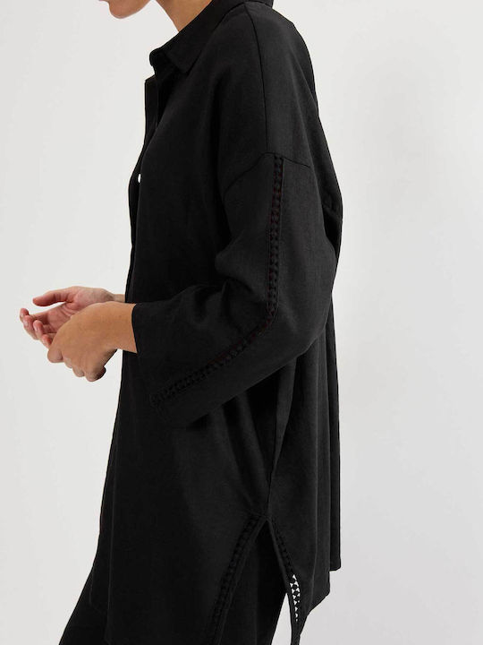 Summer Wear Boyfriend Long Sleeve Women's Linen Shirt Black