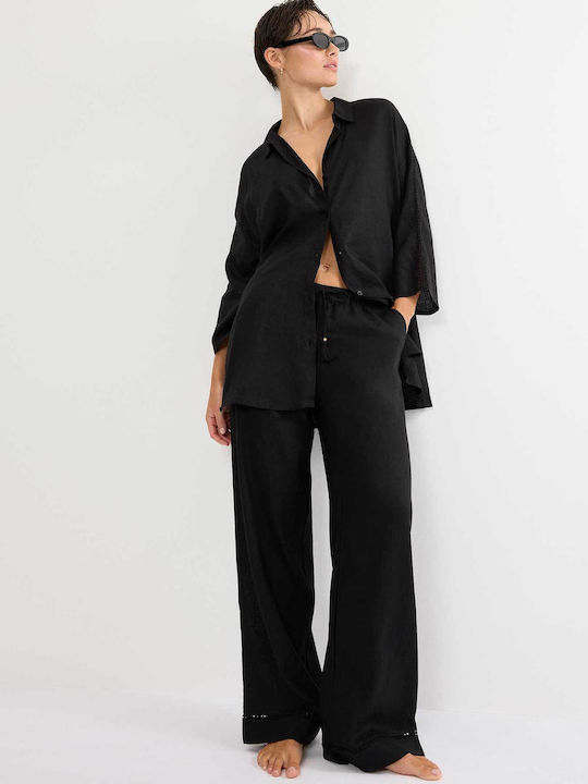 Summer Wear Boyfriend Long Sleeve Women's Linen Shirt Black
