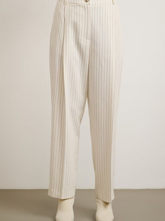 Women's Ecru Set with High Rise Striped Straight Leg Trousers