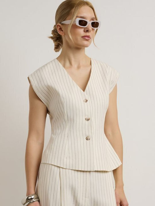 Women's Ecru Set with High Rise Striped Straight Leg Trousers
