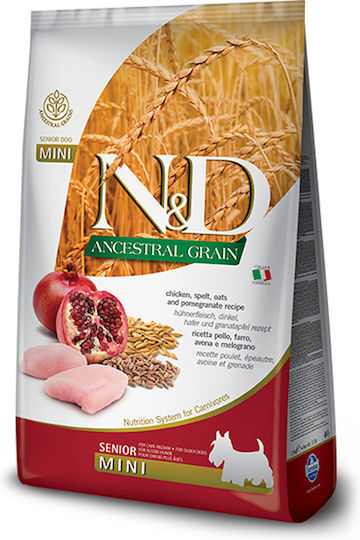Farmina N&D Ancestral Grain Senior Mini 2.5kg Trockenfutter mit wenig Getreide für ältere Hunde kleiner Rassen mit Huhn und Granatapfel