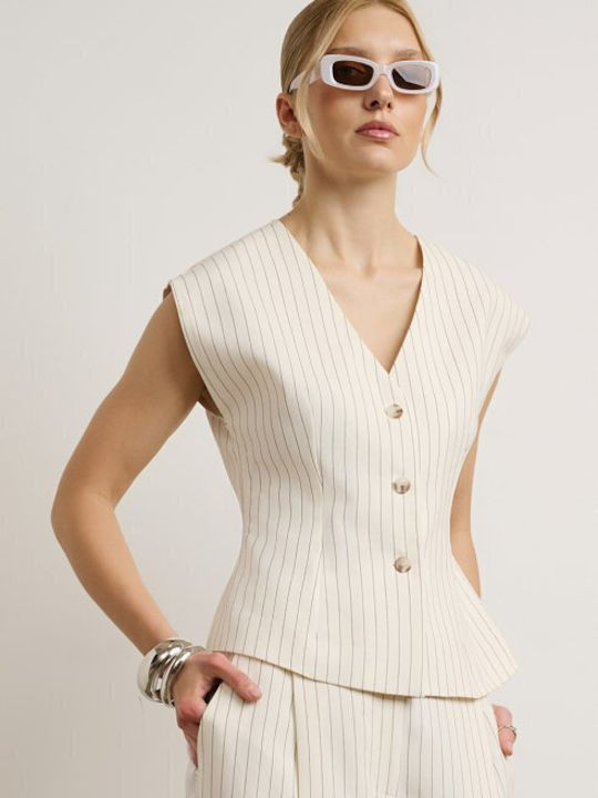 Women's Ecru Set with High Rise Striped Straight Leg Trousers