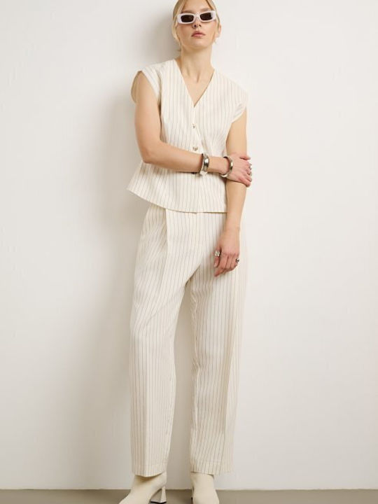 Women's Ecru Set with High Rise Striped Straight Leg Trousers