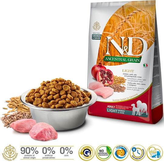 Farmina N&D Light Adult Medium & Maxi 12kg Dry Food with Few Grains for Adult Neutered Medium & Large Breed Dogs with Chicken and Pomegranate