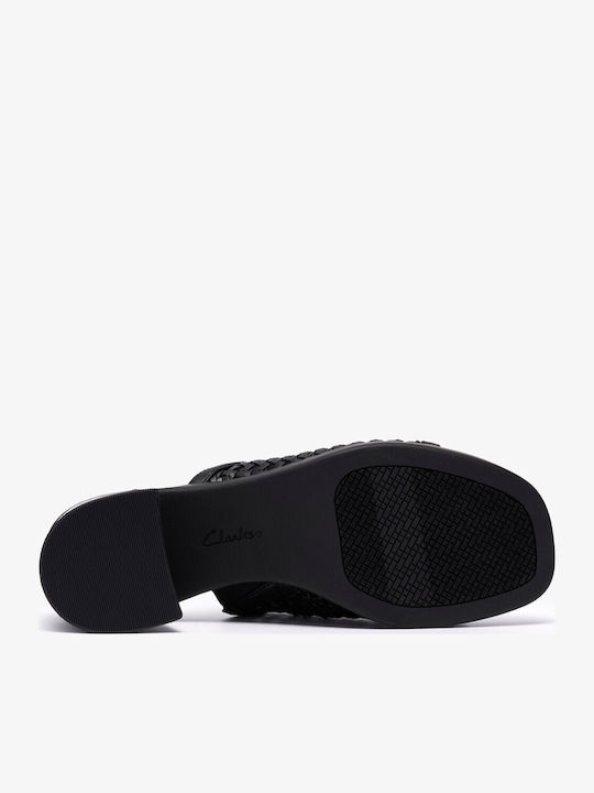 Leather Women's Mules with Chunky Low Heel in Black Color