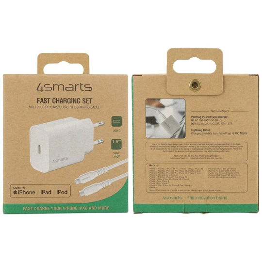 4Smarts Φορτιστής με Θύρα USB-C και Καλώδιο Lightning 20W Power Delivery Λευκός (4S465591)