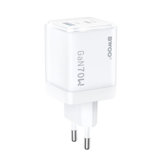 BWOO Зарядно с вграден кабел GaN с USB-A порт и USB-C порт 70W Power Delivery Бял (CDA224)