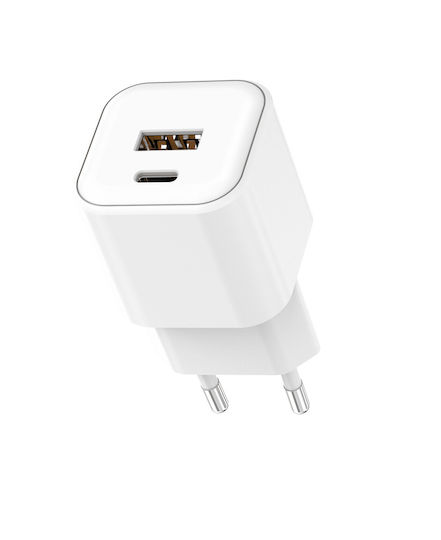 Setty Charger Without Cable GaN with USB-A Port and USB-C Port 20W Power Delivery Whites (LSGaN-AC-200)