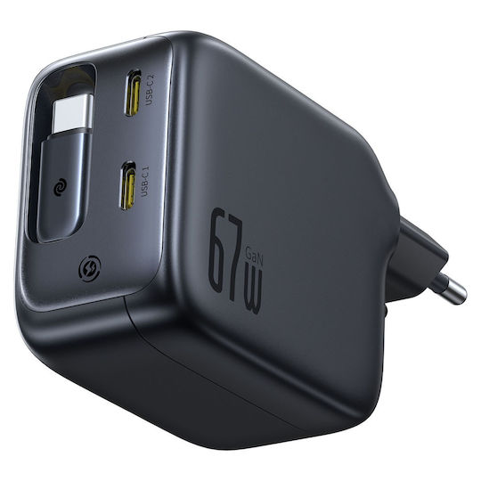 Baseus Ladegerät mit integriertem Kabel GaN mit 2 USB-C Anschlüsse USB-C 45W Stromlieferung Schwarzs (Enercore CJ11)