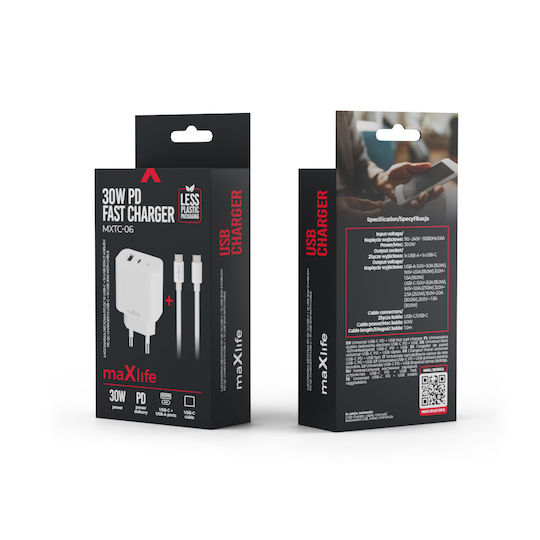 Maxlife с USB-A порт и USB-C порт и кабел USB-C - USB-C 30W Power Delivery Бял (MXTC-06-30AC)
