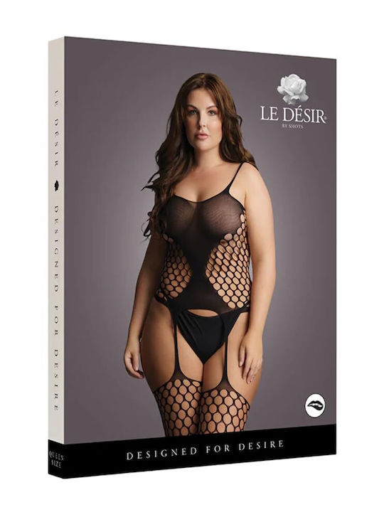 Le Désir Plus Size Ολόσωμο Καλσόν Διχτυωτό με Ανοιχτό Καβάλο Μαύρο