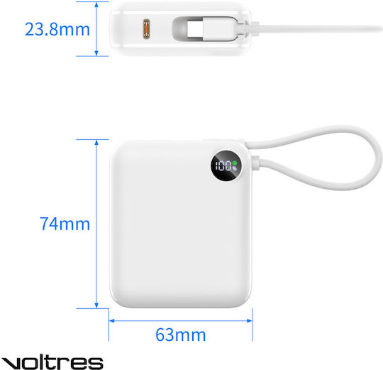 Voltres ChargeGO Power Bank 10000mAh 22.5W cu Port USB-C Alb