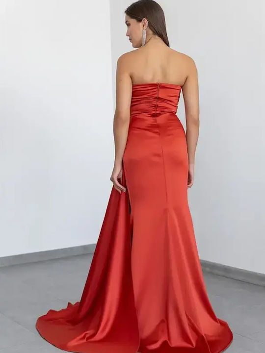 Καλοκαιρινό Maxi Φόρεμα για Γάμο / Βάπτιση Strapless Σατέν Κόκκινο