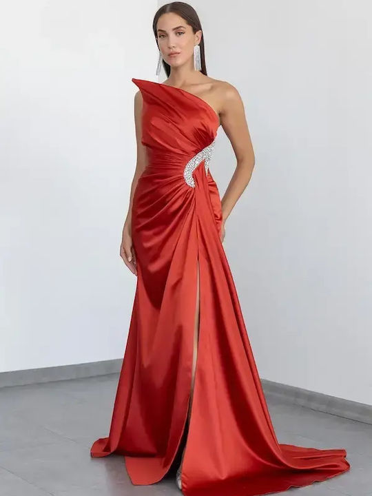 Καλοκαιρινό Maxi Φόρεμα για Γάμο / Βάπτιση Strapless Σατέν Κόκκινο