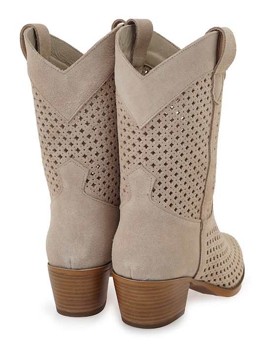 Suede Women's Ankle Boots with Medium Heel Beige
