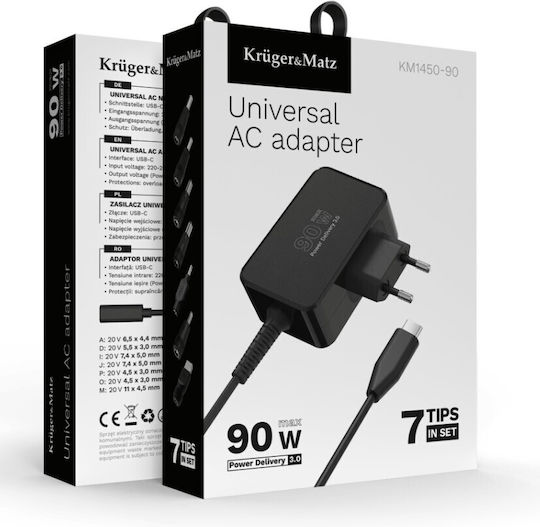 Kruger & Matz Universal Φορτιστής Laptop 90W 5V 3A με Αποσπώμενο Καλώδιο Τροφοδοσίας