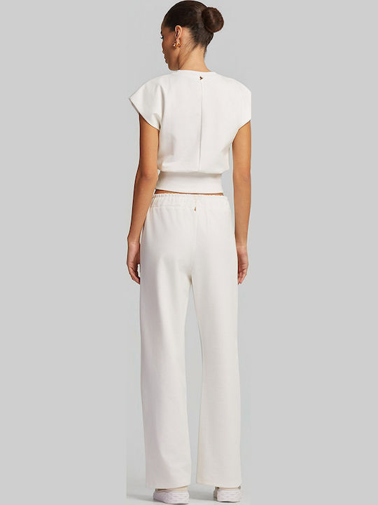 Women's Fabric Trousers with Rubber Band in Straight Leg Ecru