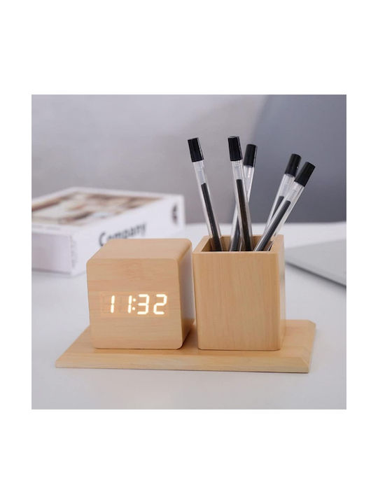 Wooden Digital Tabletop Clock Pencil Holder & Thermometer Beige